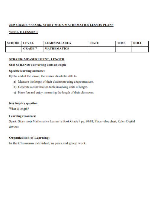 2025 GRADE 7 RATIONALIZED STORY MOJA MATHEMATICS LESSON PLANS - TERM 2 ...