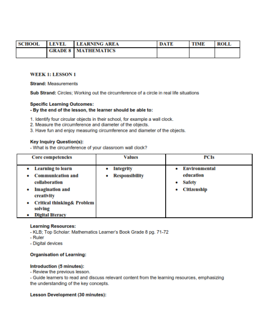 2025 GRADE 8 RATIONALIZED KLB TOP SCHOLAR MATHEMATICS LESSON PLANS ...