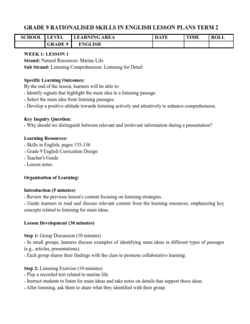 2025 GRADE 9 RATIONALIZED SKILLS IN ENGLISH LESSON PLANS - TERM 2 ...