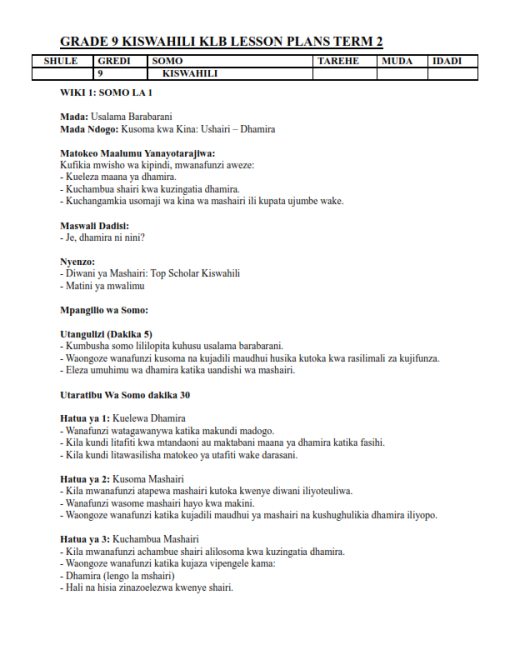 2025 GRADE 9 RATIONALIZED KLB TOP SCHOLAR KISWAHILI LESSON PLANS - TERM ...