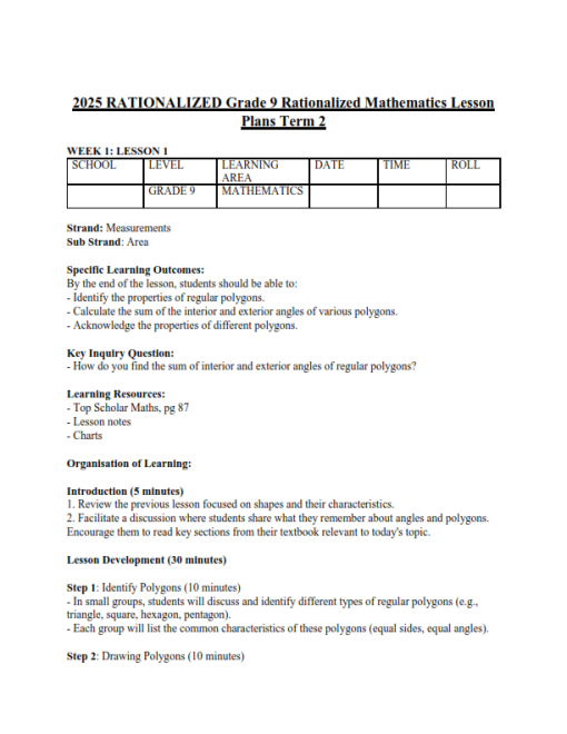 2025 GRADE 9 RATIONALIZED KLB TOP SCHOLAR MATHEMATICS LESSON PLANS ...