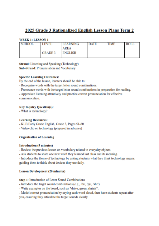 2025 GRADE 3 KLB EARLY ENGLISH LESSON PLANS WEEK 1- WEEK 14 - TERM 2 ...