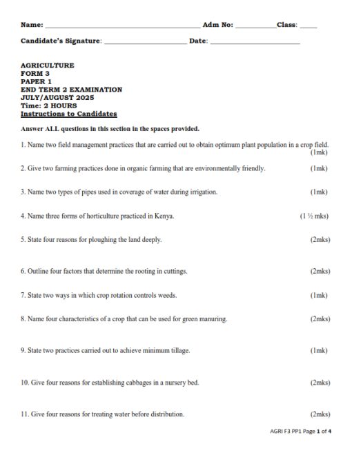 2025 Form 3 Agriculture Paper 1-2 End Term 2 Exam with Marking Scheme ...