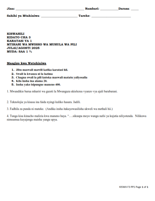 Form 3 Kiswahili Paper 1-3 End Term 2 Exam with Marking Scheme - Elimu ...
