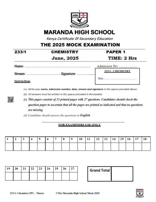 2025 MARANDA HIGH MOCK EXAM CHEMISTRY PP1,PP2 & PP3 Q&A - Elimu Cloud ...