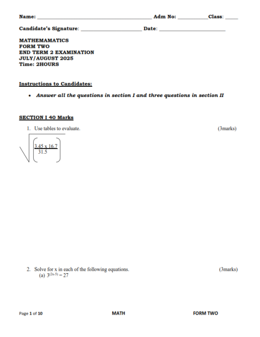 2025 Form 2 End Term 2 Exams with Marking Schemes - Elimu Cloud | Notes ...