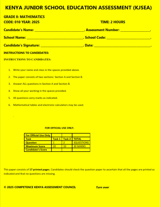 2025 Grade 9 Mid Term 3 2025 KJSEA Prediction Series Exams with Marking ...