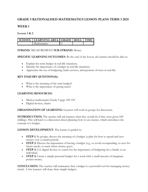 2025 GRADE 5 RATIONALISED MENTOR MATHEMATICS LESSON PLANS - TERM 3 ...