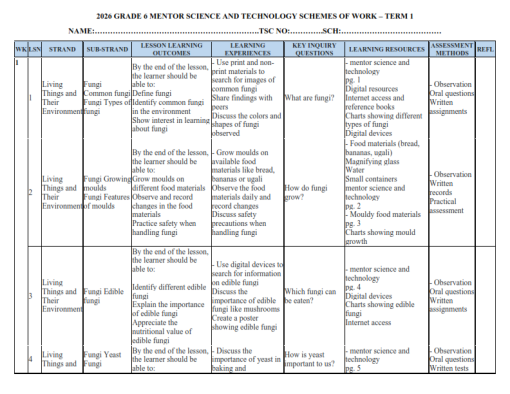 2026 GRADE 6 MENTOR SCIENCE AND TECHNOLOGY SCHEMES OF WORK – TERM 1 ...