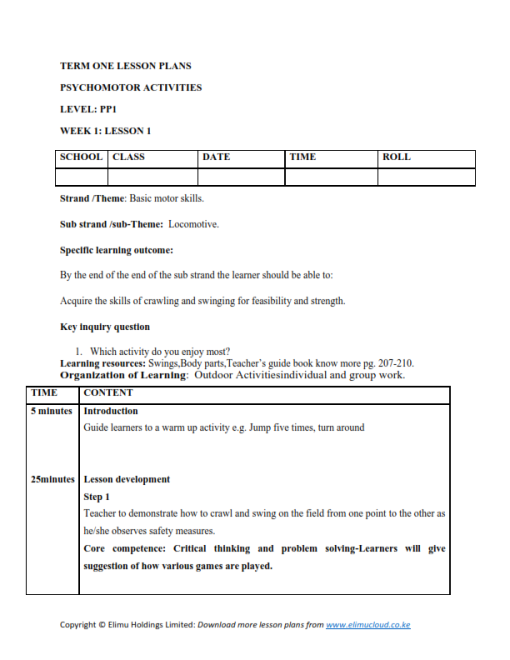 2026 PRE-PRIMARY 1 CREATIVE ARTS LESSON PLANS - TERM 1 - Elimu Cloud ...