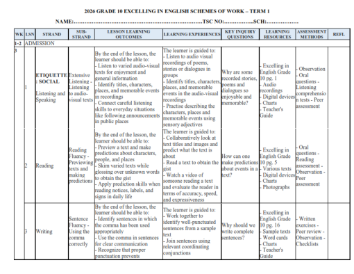 2026 GRADE 10 EXCELLING IN ENGLISH SCHEMES OF WORK - TERM 1 - Elimu ...