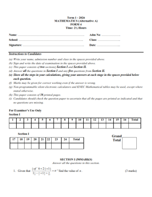 2026 Form 4 Mid Term 1 Exams with Marking Schemes Set 1 - Elimu Cloud ...