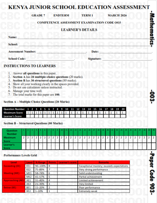 2026 GRADE 7 MATHEMATICS ENDTERM 1 EXAM WITH MARKING SCHEME - Elimu ...