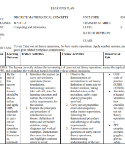 UNIT CODE:0541 541 01A - DISCRETE MATHEMATICAL CONCEPTS LEARNING PLAN